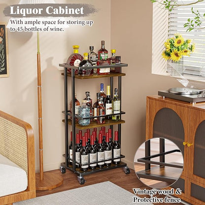 OKZEST 3 Tier Bar Cart for Home, Rolling Mini Liquor Bar for Wine Beverage Dinner Party, Utility Kitchen Storage Island Serving Cart on Wheels, Coffee Bar Cabinet for Kitchen Dining Living Room, Brown