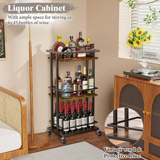 OKZEST 3 Tier Bar Cart for Home, Rolling Mini Liquor Bar for Wine Beverage Dinner Party, Utility Kitchen Storage Island Serving Cart on Wheels, Coffee Bar Cabinet for Kitchen Dining Living Room, Brown