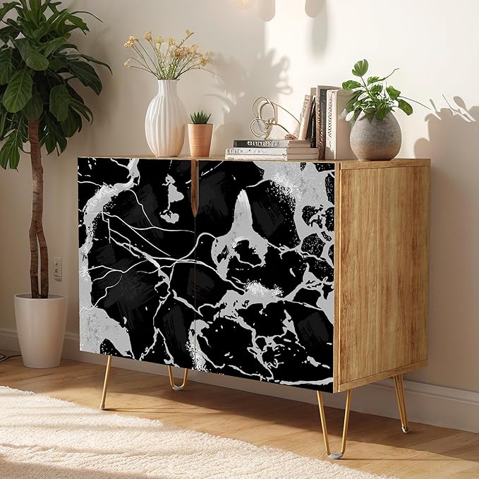 SIGNWIN Sideboard Buffet Cabinet, Kitchen Storage Cabinet with 2 Doors, Dark Black & Gray Stonewash Pattern, Cupboard Console Table for Dining Room - 35" L x 18" W x 29" H