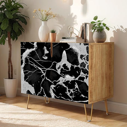 SIGNWIN Sideboard Buffet Cabinet, Kitchen Storage Cabinet with 2 Doors, Dark Black & Gray Stonewash Pattern, Cupboard Console Table for Dining Room - 35" L x 18" W x 29" H