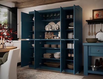 Palace Imports Solid Wood Pantry Cabinet - 71.5" Tall x 65" Wide Freestanding Storage Cabinet w/ 8 Doors & Adjustable Shelves for Kitchen – Teal Blue, Renewable Eco-Friendly 100% Wood, Made in Brazil