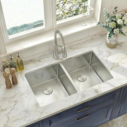 LQS Stainless Steel Sink Double Bowl, 31 Inch Kitchen Sink Undermount, Undermount/Drop In Installation Kitchen Sink 31x18, X-Shaped Drain Line for Quick & Fast Drainage