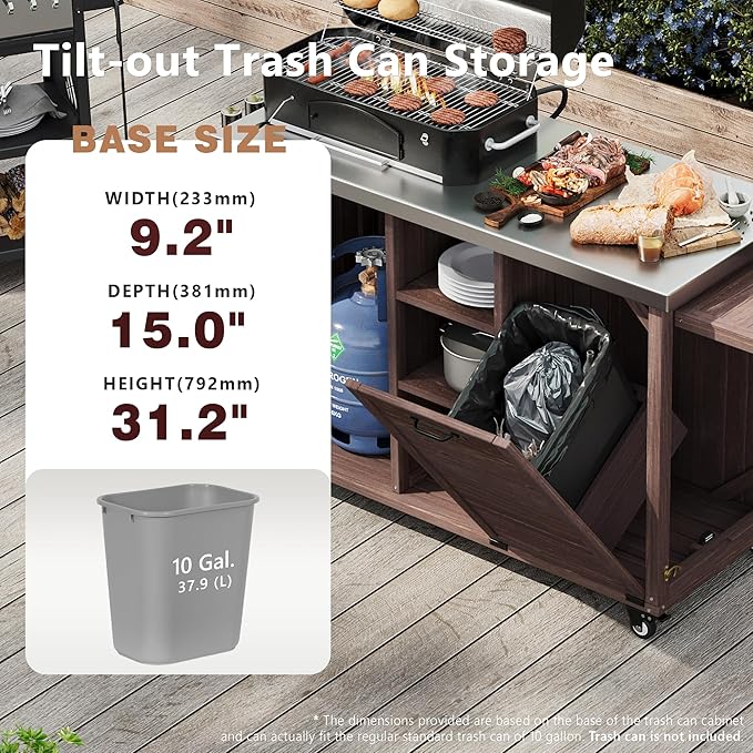 78.3" Outdoor Kitchen Island with Foldable Grill Table, Wooden Outdoor Grill Cart with Trash Can Storage & Stainless Steel Top, Outdoor Bar Cart, Pizza Oven Table for Lawn & Garden, Dark Brown