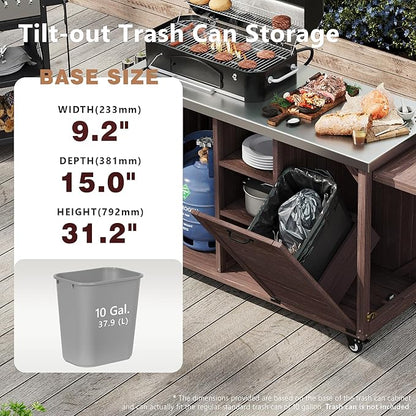 78.3" Outdoor Kitchen Island with Foldable Grill Table, Wooden Outdoor Grill Cart with Trash Can Storage & Stainless Steel Top, Outdoor Bar Cart, Pizza Oven Table for Lawn & Garden, Dark Brown