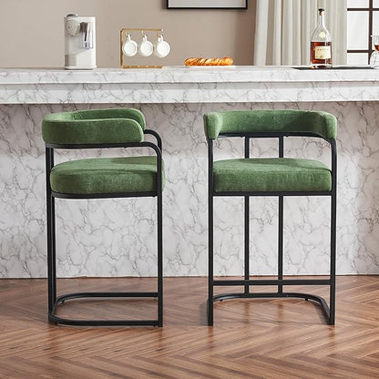 Modern Chenille Bar Stools Set of 2, Upholstered Counter Height Chairs with Metal e Armrests, Soft Chenille Fabric Bar Chairs for Kitchen Island, Dining Room, Home Bar,Green