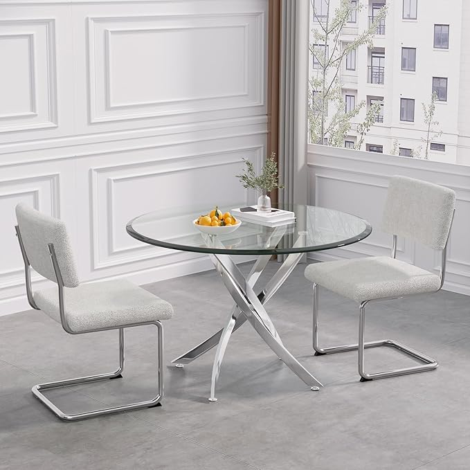 Modern Glass Dining Table Round Dining Room Table with Tempered Glass Top, Silver Stainless Steel Base Home Office Kitchen Dining Room Table Furniture, 36" D x 36" W x 30" H