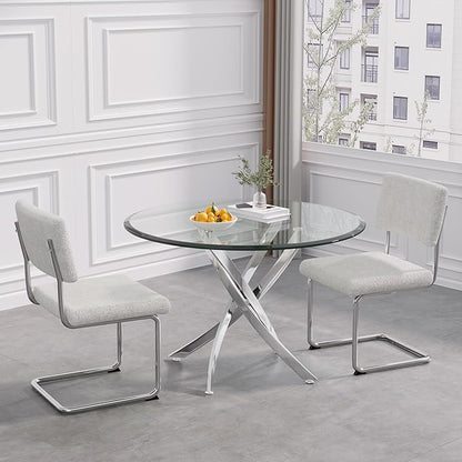 Modern Glass Dining Table Round Dining Room Table with Tempered Glass Top, Silver Stainless Steel Base Home Office Kitchen Dining Room Table Furniture, 36" D x 36" W x 30" H