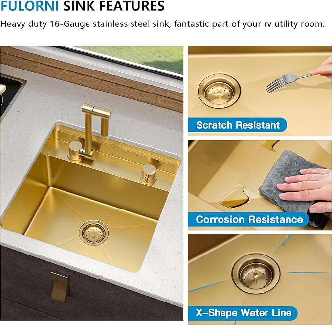 18"x18" Undermount RV Kitchen Sink Workstation – 16 Gauge 304 Stainless Steel Brushed Gold NANO-PVD Single Bowl Sink with Foldable Faucet, for RV, Camper, Mobile Home, Wet Bar