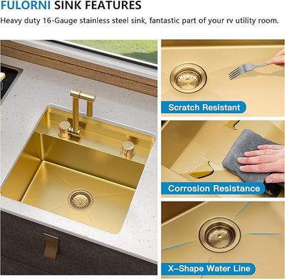 18"x18" Undermount RV Kitchen Sink Workstation – 16 Gauge 304 Stainless Steel Brushed Gold NANO-PVD Single Bowl Sink with Foldable Faucet, for RV, Camper, Mobile Home, Wet Bar