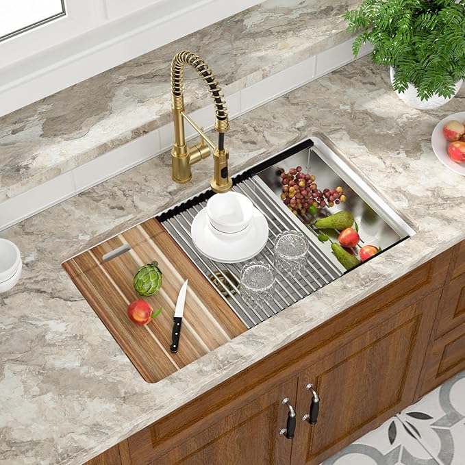 Mocoloo 33 Inch White Granite Composite Kitchen Sink - 33x19 Undermount Ledge Workstation Matte White Quartz Single Bowl Under Counter Kitchen Sinks