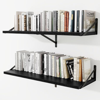 Deep Wall Shelves 40"W x 12"D Engineered Wood Floating Shelves for Wall, Sturdy Metal Bracket Bookshelves Home Decor Storage for Living Room Bedroom Bathroom Kitchen, Set of 2, Black Finish