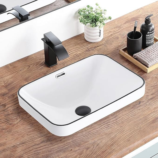 Bathroom Vessel Sink 18.2'' x 13.3'' Small Semi Recessed Bathroom Sink Rectangular Drop In Sink with Overflow White with Black Trim Ceramic Modern Vessel Sinks for Bathroom