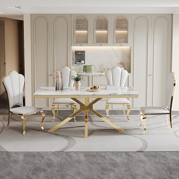 Modern Dining Table for 6-8, 68 Inch White Marble Kitchen Table with Gold Mirrored Stainless Steel X-Base, Luxurious Rectangular Faux Marble Dining Room Table for Dining Room,Living Room(No Chairs)