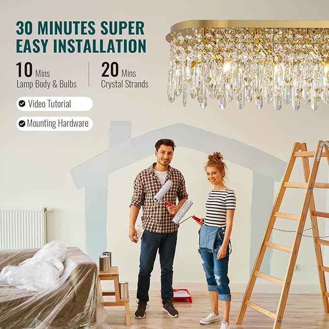 Siljoy Modern Crystal Chandelier 10 Lights Gold Rectangular Flush Mount Raindrop Crystal Chandelier Ceiling Light Fixture Oval for Dining Room Living Room Kitchen Island L40 Inch