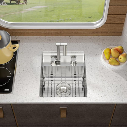 15 Inch Undermount RV Kitchen Sink Workstation - Fulorni 15"x17" Outdoor RV Mobile Camper Wet Bar Prep Sink 16 Gauge 304 Stainless Steel Single Bowl Basin with Foldable Faucet