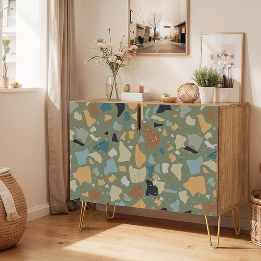 SIGNWIN Sideboard Buffet Cabinet, Kitchen Storage Cabinet with 2 Doors, Vibrant Fractal Marble Rock Pattern, Cupboard Console Table for Dining Room - 35" L x 18" W x 29" H
