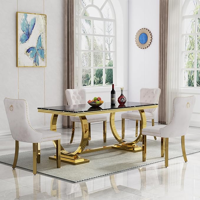 Black Marble Dining Table for 6, Modern Gold Kitchen & Dining Room Table for 6 with Mirrored Stainless Steel Frame, Luxurious Faux Marble Rectangular Dining Table for Dining Room Kitchen