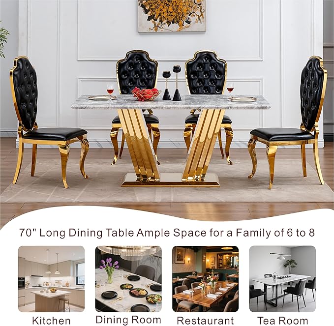 70" Marble Dining Table for 6-8, Modern Luxury Gold Rectangular Large Kitchen Table, Marble Grain MDF Tabletop & Stainless Steel Base, Dinner Furniture for Kitchen Dining Room, Meeting Room, Grey