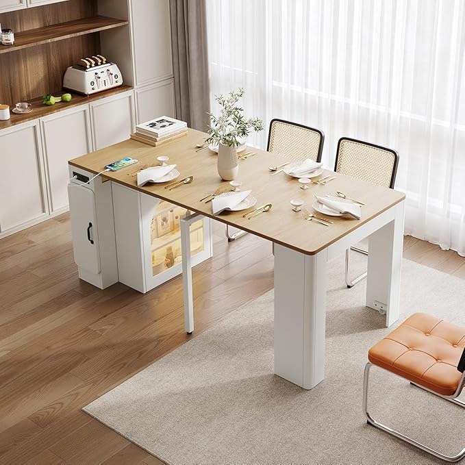 Extendable Console Dining Table with Power Outlet & Iron Support Legs, Console Table with Extension Leaves Holder & LED Lights Glass Door Storage for Dining Room (Cream White)