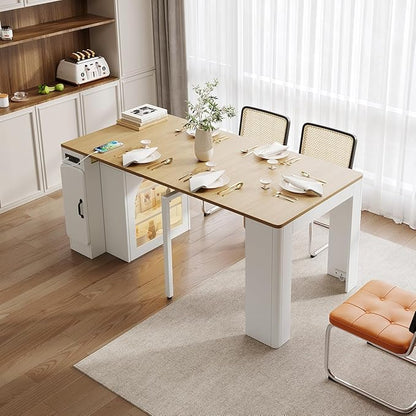 Extendable Console Dining Table with Power Outlet & Iron Support Legs, Console Table with Extension Leaves Holder & LED Lights Glass Door Storage for Dining Room (Cream White)