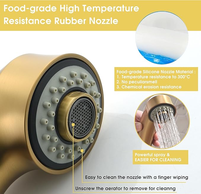 Gold Kitchen Faucet with Sprayer - Matte Brushed Gold Kitchen Sink Faucets with Pull Out Sprayer, Single Handle 1 Hole Faucet Solid Brass Commercial RV Faucets 2 Modes 150°Rotation No Lead