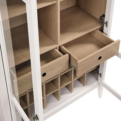 Modway Nolan Modern Farmhouse Arched Bar Cabinet in Ivory Wood Grain - 72 Inch Tall Wine Storage Cabinet with Glass Doors and Wine Rack - Large Liquor Cabinet for Dining or Living Room