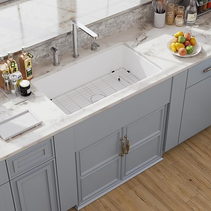 32 White Undermount Kitchen Sink, Hugsleek Topmount & Undermount Kitchen Sink 32x19 inch White Porcelain Ceramic Fireclay Sinks Dual Mount Accessories Single Bowl Under Counter Sinks Basin Drop In