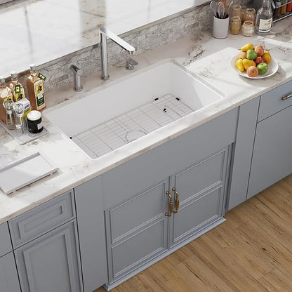 32 White Undermount Kitchen Sink, Hugsleek Topmount & Undermount Kitchen Sink 32x19 inch White Porcelain Ceramic Fireclay Sinks Dual Mount Accessories Single Bowl Under Counter Sinks Basin Drop In