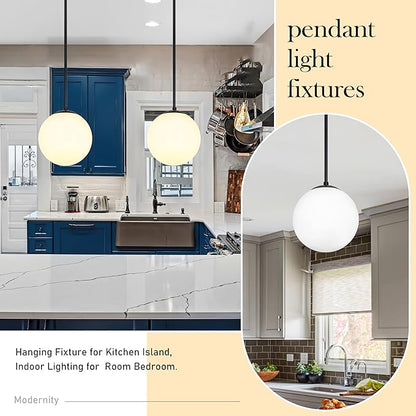 Bagood 10 Inch Globe Pendant Light Contemporary Globe Pendant Lights Black Mid Century Pendant Light Adjustable Hanging Light Fixture Matte Black Finished with Milk Glass Lampshade for Kitchen Island