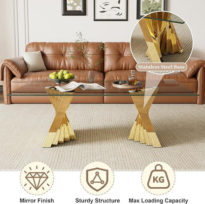 Glass Coffee Table, 51" Coffee Table with Tempered Glass Tabletop and Mirror Finish Stainless Steel Legs, Modern Rectangular Center Table for Living Room, Office