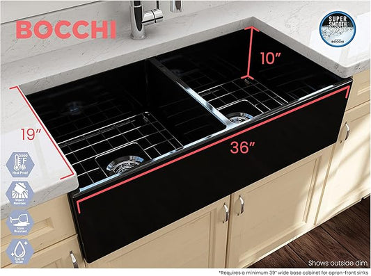 BOCCHI Contempo Farmhouse Apron Front Fireclay 36 in. Double Bowl Kitchen Sink with Protective Bottom Grid and Strainer in Black