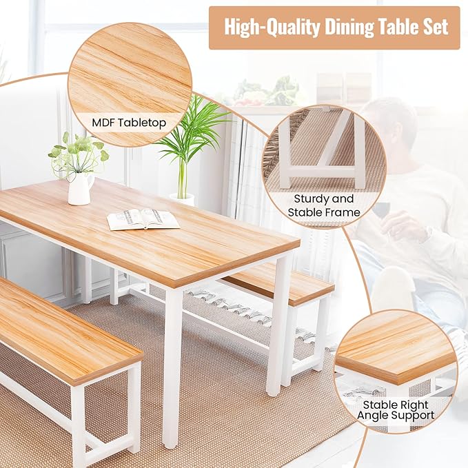 Recaceik Dining Table Set with Bench, 3 Pieces Dining Furniture Set Kitchen Table Set Sturdy Structure Space-Saving Dinette for Kitchen, Dining Room Breakfast Nook, Living Room, Beige