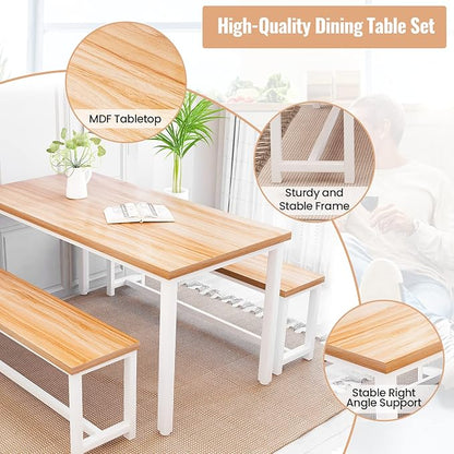 Recaceik Dining Table Set with Bench, 3 Pieces Dining Furniture Set Kitchen Table Set Sturdy Structure Space-Saving Dinette for Kitchen, Dining Room Breakfast Nook, Living Room, Beige