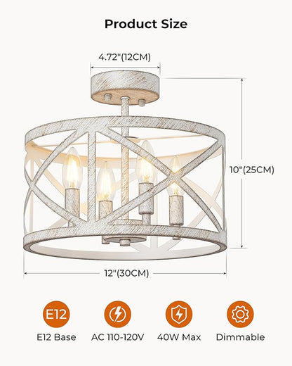 Semi Flush Mount Ceiling Light Fixture, Farmhouse Modern 4-Light Chandelier with X-Shape Cage, Industrial Rustic Ceiling Lamp for Kitchen, Entryway, Dining Room, Bedroom, Hallway, Laundry Room, White