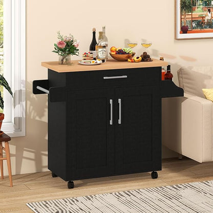Giantex Kitchen Island, Rolling Kitchen Cart with Spice and Towel Rack, Large Drawer & 2-Door Storage Cabinet, Home Service Cart on Lockable Wheels, Wood Kitchen Trolley, Spacious Tabletop (Black)
