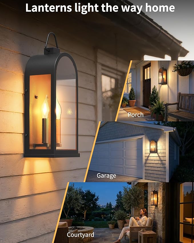 Outdoor Wall Light Fixtures, 2 Light Porch Lights Outdoor, Matte Black Exterior Waterproof Wall Sconce with Glass Shade, Outside Lantern for House Garage Doorway Patio Entryway, E12 Socket