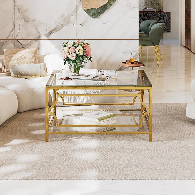Harper & Bright Designs Square Glass Coffee Table in 33.5",Luxurious Geometric Metal Frame,Gold Finish & Lower Shelf