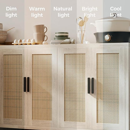 Mericonia Rattan Buffet Cabinet with Storage, Sideboard with Doors, Console Table, Farmhouse Coffee Bar, Modern Wood Long Cabinets (Oak)