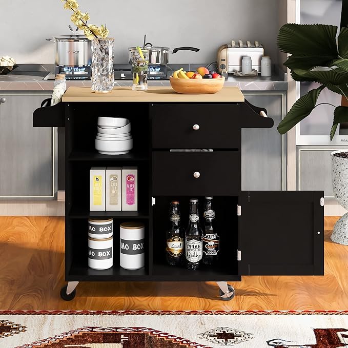 Fashion Store Kitchen Island Cart with Rubber Wood Top and 2 Drawers,4 Wheels and 3 Open Shelves,for Kitchen,Dining Room,Bathroom,Living Room (Black@E)