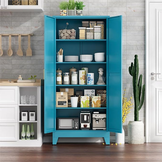Farmhouse Pantry Cabinet with Barn Doors, 71" H x 31.5" W, 5-Tier Metal Storage Cabinet with 4 Adjustable Shelves for Kitchen Garage Dining Room,Blue 1 Pack