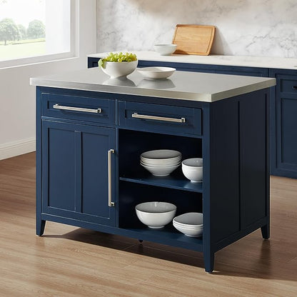 Crosley Furniture Silvia Stainless Steel Top Kitchen Island, Microwave Stand, Coffee Bar, with Shelves, Navy/Stainless Steel