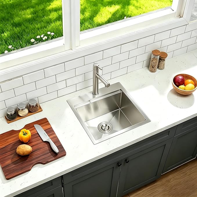 Friho 18 X 18 Inch Drop In Bar Sink, Stainless Steel Small Kitchen Sink, Top Mount Rv Sink Deep Workstation Single Bowl, Outdoor Camper Laundry Wet Bar Prep Sinks With Grid & Drain & Cutting Board