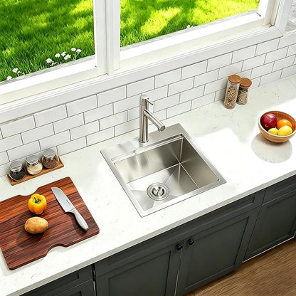 Friho 18 X 18 Inch Drop In Bar Sink, Stainless Steel Small Kitchen Sink, Top Mount Rv Sink Deep Workstation Single Bowl, Outdoor Camper Laundry Wet Bar Prep Sinks With Grid & Drain & Cutting Board