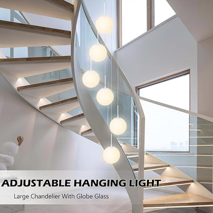 KoKo&Yukina Globe Pendant Light 6 Light White Globe Pendant Lights Kitchen Island Mid Century Light Fixture with Milky White Glass Shade Lights for Staircase