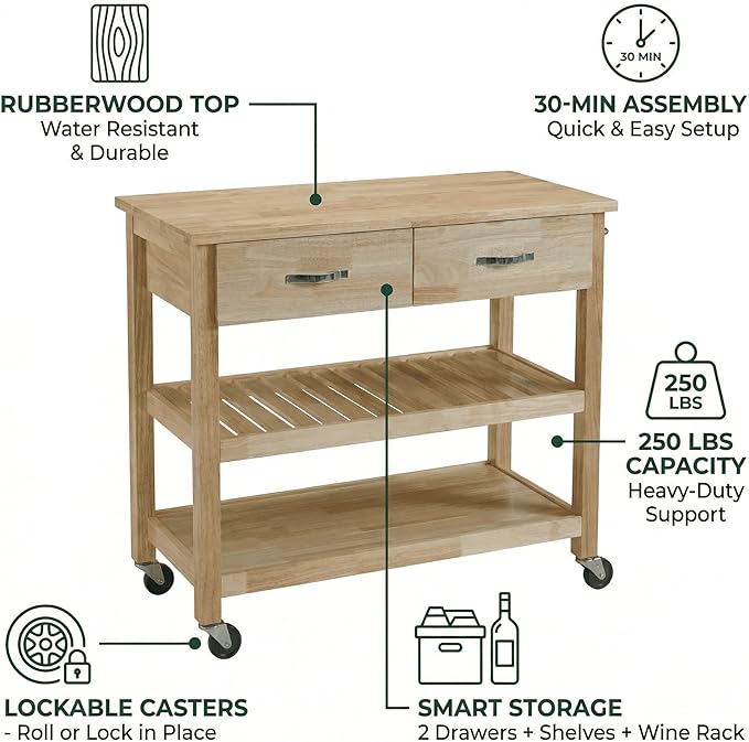 Casaphoria Amanda Collection Solid Wood Kitchen Island, 42" Butcher Block Cart with Rubberwood Top & Locable Wheels, Prep Table for Small Spaces (Natural)