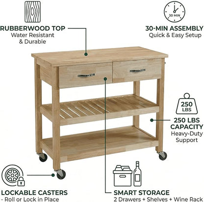 Casaphoria Amanda Collection Solid Wood Kitchen Island, 42" Butcher Block Cart with Rubberwood Top & Locable Wheels, Prep Table for Small Spaces (Natural)