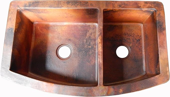 Rounded Apron Front Farmhouse Kitchen Double Bowl Mexican Copper Sink 60/40 33X22 Inches