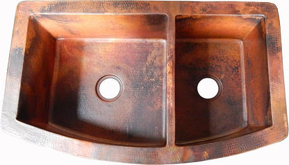 Rounded Apron Front Farmhouse Kitchen Double Bowl Mexican Copper Sink 60/40 33X22 Inches