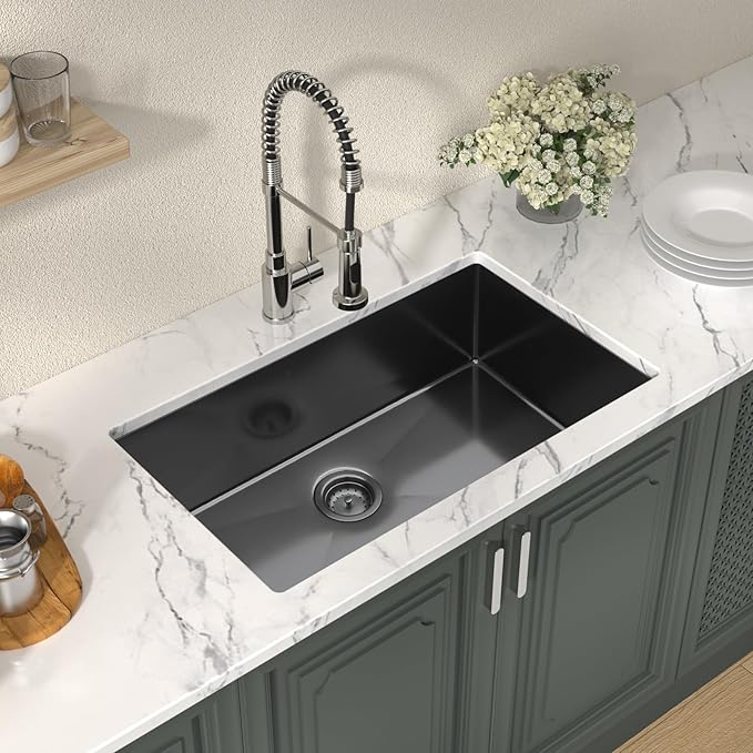 27 Black Kitchen Sink - Lordear 27 x 19 Inch Undermount Sink Gunmetal Black 16 Gauge Stainless Steel Deep Single Bowl Handmade Sinks Basin