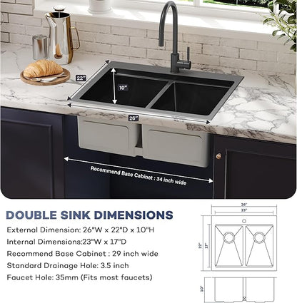 MILOSEN 26 Inch Black Double Bowl Kitchen Sink, Black Drop in 16 Gauge T304 Stainless Steel Sinks, Workstation Sink 50/50 Topmount Double Basin with Accessories, 10'' Deep Laundry Outdoor Sinks
